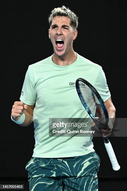 Thanasi Kokkinakis of Australia celebrates after winning a point during their round one singles match against Fabio Fognini of Italy during day two...