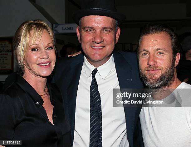 Actress/cast member Melanie Griffith, actor/play producer Mike O'Malley and actor/playwright Scott Caan pose at the opening night of "No Way Around...