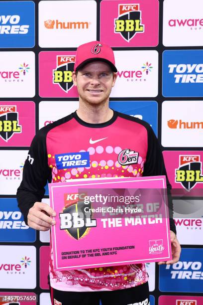 Player of the match Steve Smith of the Sixers during the Men's Big Bash League match between the Sydney Sixers and the Adelaide Strikers at Coffs...