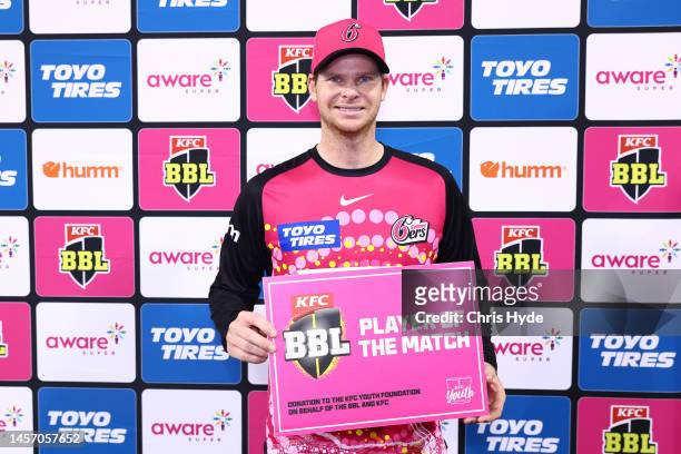 Player of the match Steve Smith of the Sixers during the Men's Big Bash League match between the Sydney Sixers and the Adelaide Strikers at Coffs...