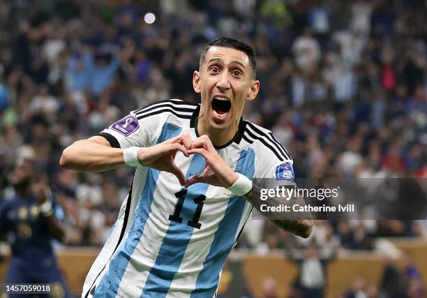 Angel Di Maria of Argentina celebrates after scoring the team's second goal during the FIFA World Cup Qatar 2022 Final match between Argentina and...