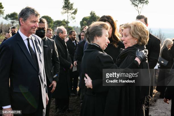 In this Handout picture provided by the Private Office of HM King Constantine of Greece, Princess Anne and former Queen Anne Marie of Greece attend...