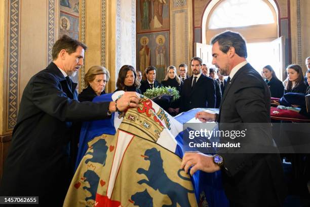 In this Handout picture provided by the Private Office of HM King Constantine of Greece, Prince Pavlos and Prince Nikolaos of Greece attend the...