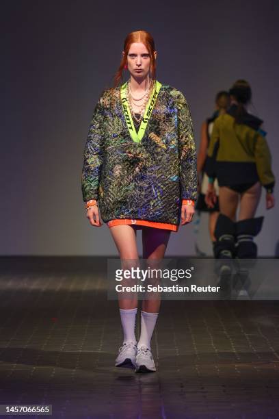 Model walks the runway at the Rebekka Ruétz show during the W.E4. Fashion Day as part of Berlin Fashion Week AW23 at Bolle Festsaele on January 17,...