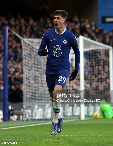 Kai Havertz of Chelsea celebrates scoring their first goal during the Premier League match between Chelsea FC and Crystal Palace at Stamford Bridge...