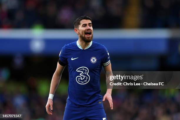 Jorginho of Chelsea shouts directions to his team mates during the Premier League match between Chelsea FC and Crystal Palace at Stamford Bridge on...