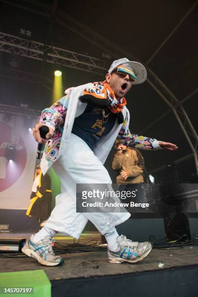 Adam Hussain of Goldie Lookin Chain performs on stage during osfest at Park Hall on June 3, 2012 in Oswestry, United Kingdom.