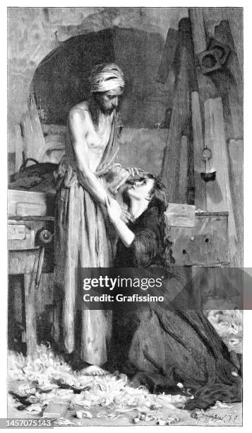 jesus christus mit maria magdalena in der werkstatt - maria magdalena stock-grafiken, -clipart, -cartoons und -symbole