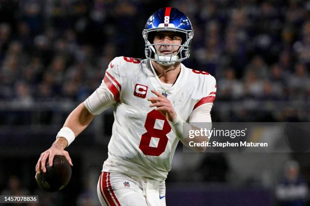 Daniel Jones of the New York Giants looks to pass against the Minnesota Vikings during the first half in the NFC Wild Card playoff game at U.S. Bank...