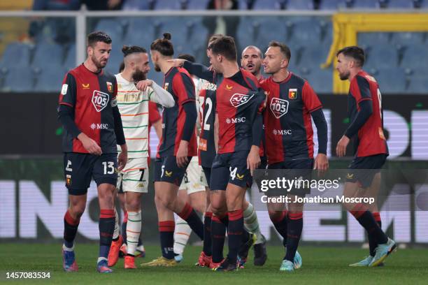 Francesco Zampano of Venezia FC looks on as Alessandro Vogliacco of Genoa CFC's team mates attempt to calm him following a clash with Ridgeciano Haps...