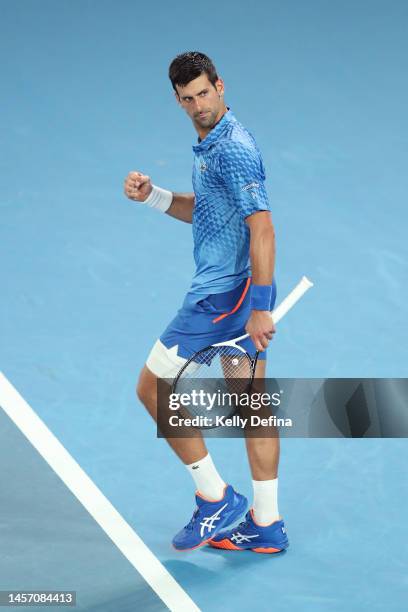 Novak Djokovic of Serbia reacts in their round one singles match against Roberto Carballes Baena of Spain during day two of the 2023 Australian Open...