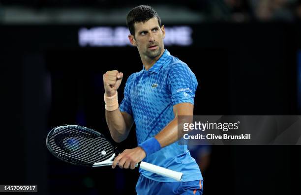 Novak Djokovic of Serbia celebrates a poin in their round one singles match against Roberto Carballes Baena of Spain during day two of the 2023...