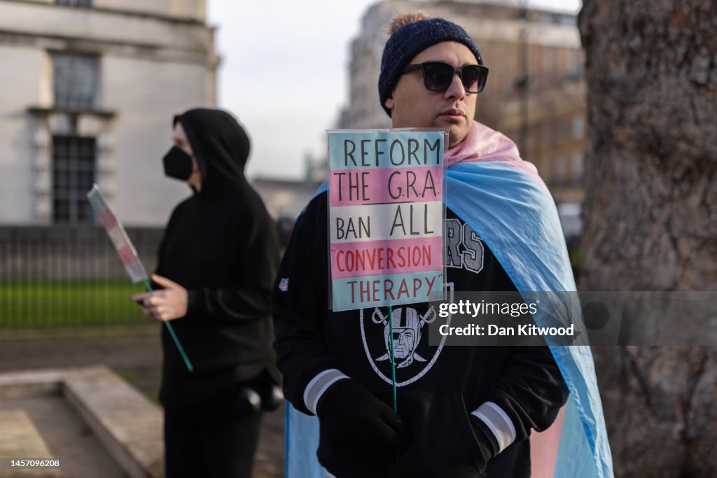 Trans rights activists protest outside opposite Downing Street on ...