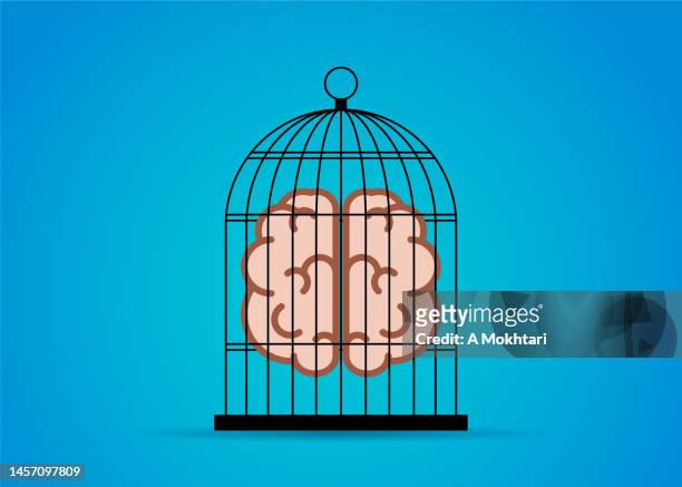 stockillustraties, clipart, cartoons en iconen met the freedom to think, the brain trapped in a cage. - ijzer