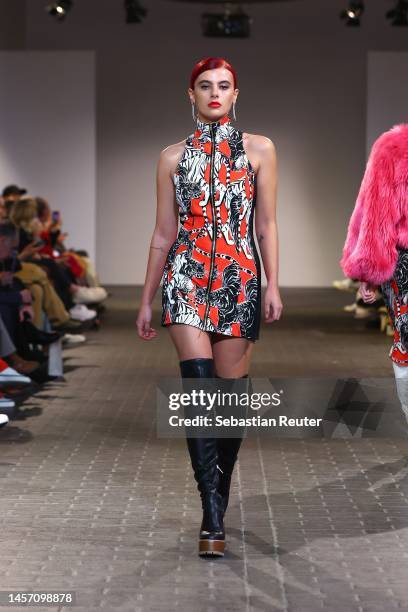 Model walks the runway at the AW23 'DISCOTECA' Fashion Show by Marcel Ostertag during the W.E4.FASHIONDAY as part of Berlin Fashion Week AW23 at...