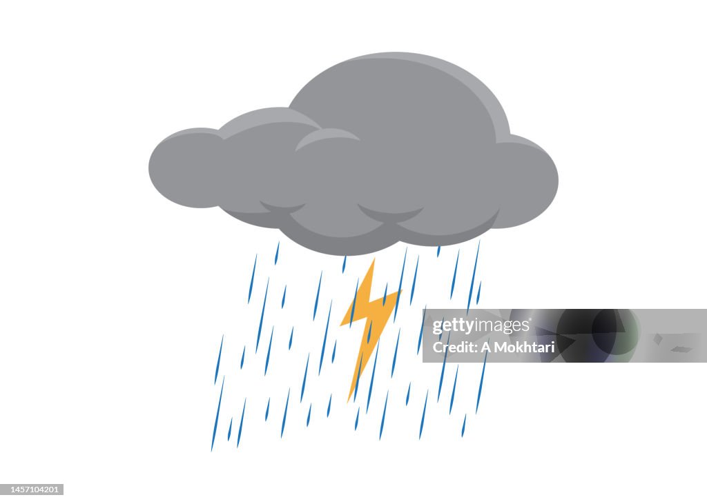Gray cloud icon with rain and lightning, thunderstorm...