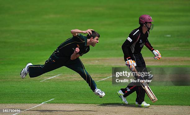 Notts bowler Harry Gurney in action during the Clydesdale Bank Pro40 match between Nottinghamshire and Somerset at Trent Bridge on June 4, 2012 in...