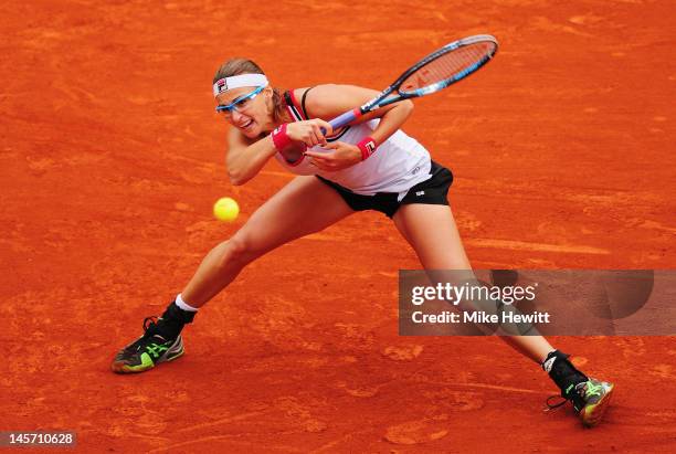 Yaroslava Shvedova of Kazakhstan plays a forehand in her women's singles fourth round match against Na Li of China during day 9 of the French Open at...