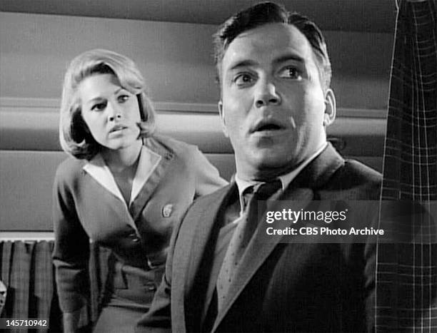 Asa Maynor as stewardess and William Shatner as airline passenger Bob Wilson. 'Nightmare At 20,000 Feet,' episode of The Twilight Zone. Initial...