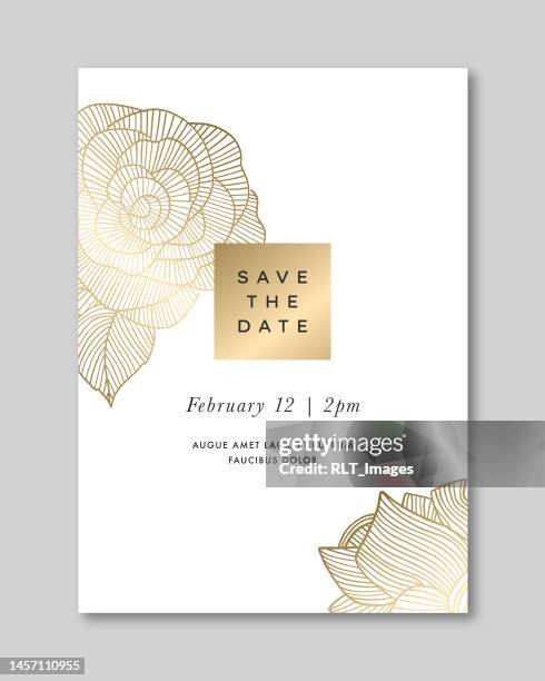 gold rose save the date card - rose line stock illustrations
