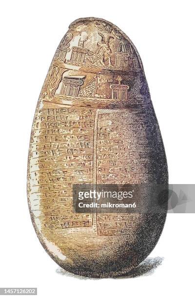 old engraved illustration of babylonian kudurru of the kassite period, known as the "michaux stone" - mesopotamian art stock pictures, royalty-free photos & images