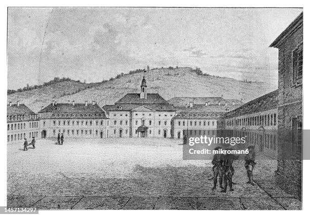 old engraved illustration of hohe karlsschule (karl's high school) the strict military academy founded by karl eugen, duke of württemberg in stuttgart, germany (founded in 1770 as a military orphanage, but then converted into a military academy in 1773) - karlsschule stuttgart stock pictures, royalty-free photos & images