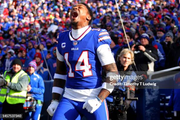 Stefon Diggs of the Buffalo Bills takes the field prior to a game against the Miami Dolphins in the AFC Wild Card playoff game at Highmark Stadium on...