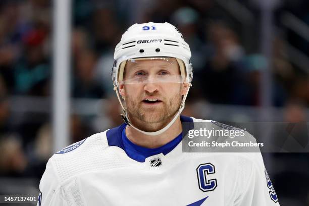Steven Stamkos of the Tampa Bay Lightning reacts during the third period against the Seattle Kraken at Climate Pledge Arena on January 16, 2023 in...