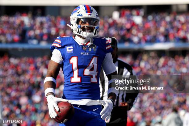 Stefon Diggs of the Buffalo Bills reacts after a reception against the Miami Dolphins during the first quarter of the game in the AFC Wild Card...