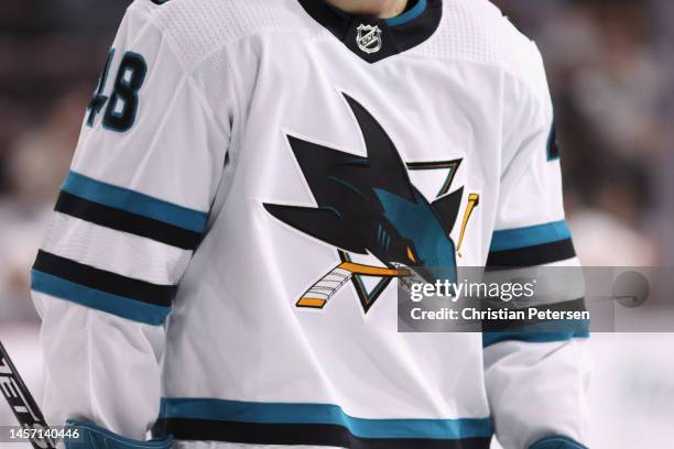 Detail of the San Jose Sharks jersey and logo on Tomas Hertl during the NHL game at Mullett Arena on January 10, 2023 in Tempe, Arizona. The Sharks...