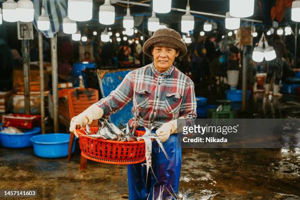 woman with fish basket selling fish at the market in hoi an, vietnam - vietnamesisk kultur bildbanksfoton och bilder