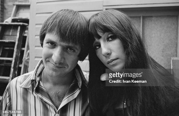 American singers Cher and Sonny Bono of the pop duo Sonny & Cher posed outside Associated Rediffusion's Wembley Television Studios in north west...
