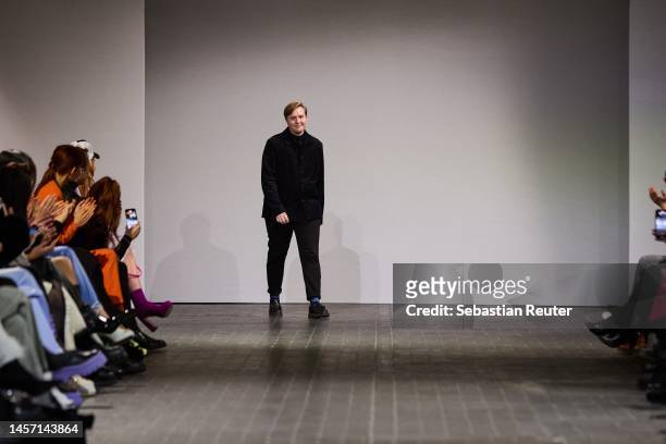 Designer Danny Reinke walks the runway at the Danny Reinke 'GRIEVED SERENITY' runway show during the W.E4. Fashion Day as part of Berlin Fashion Week...