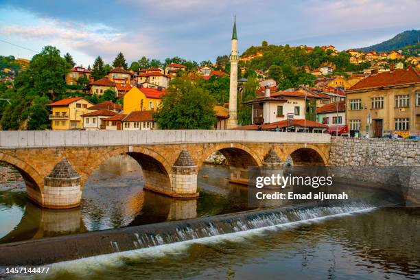 bridges on the miljacka river, sarajevo, bosnia and herzegovina - sarajevo stock pictures, royalty-free photos & images