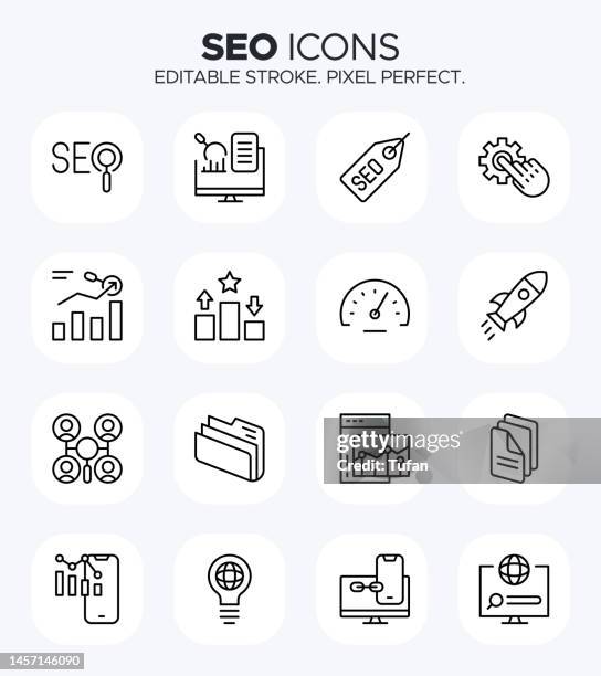 seo icons - search engine optimization, ranking, web performance, backlink and more symbols - search engine icon stock illustrations