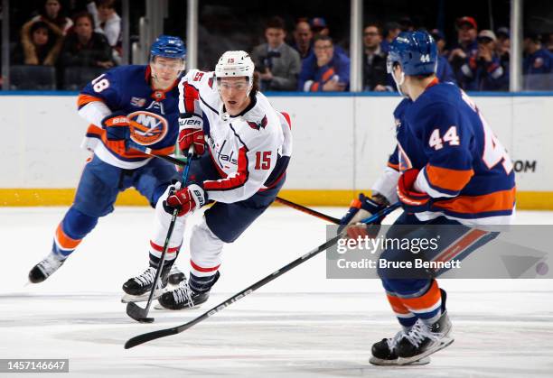 Sonny Milano of the Washington Capitals skates against the New York Islanders at the UBS Arena on January 16, 2023 in Elmont, New York.