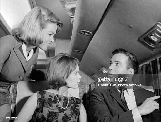 From left, Asa Maynor as stewardess, Christine White as Julia Wilson and William Shatner as airline passenger Bob Wilson in an episode of THE...