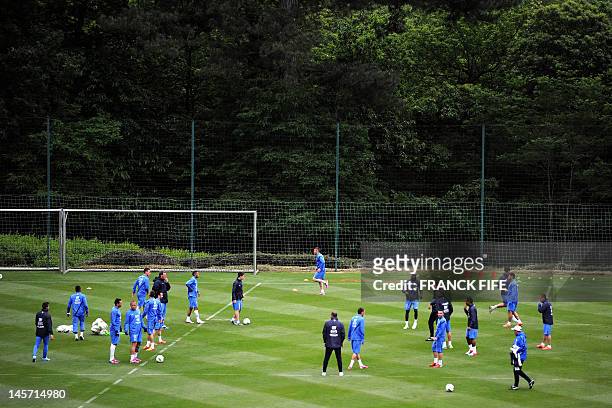 France's national football team players runs during a training session, on June 4 at the French national football team centre in...