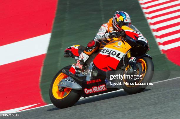 Dani Pedrosa of Spain and Repsol Honda Team heads down a straight during the MotoGp Tests In Catalunya at Circuit de Catalunya on June 4, 2012 in...