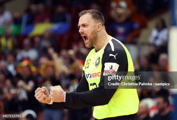 Andreas Wolff of Germany celebrates during the IHF Handball Men´s World Championship 2023 at Spodek Arena on January 17, 2023 in Katowice, Poland.