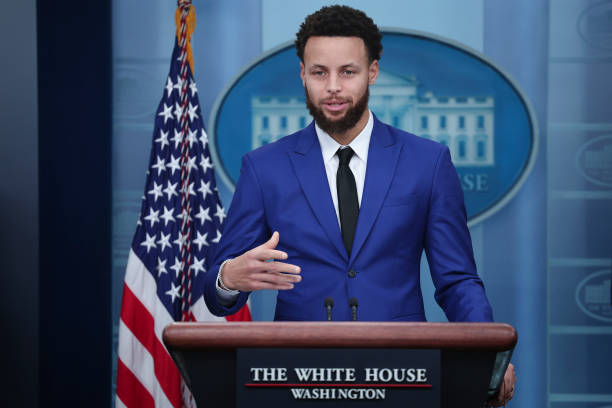Golden State Warriors star Steph Curry speaks during the daily White House press briefing on January 17, 2023 in Washington, DC. The Warriors,...
