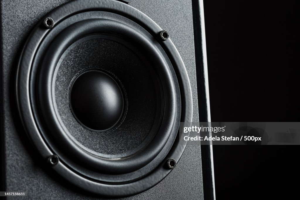 Multimedia speaker system speaker close-up on a black background,Romania