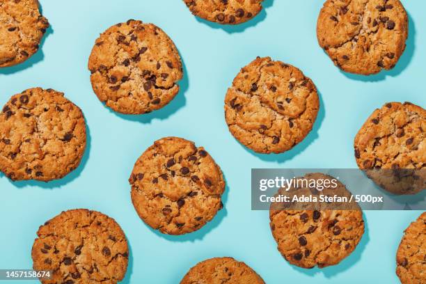 oatmeal cookies on a blue background with a pattern in the form of a pattern,romania - biscuit stockfoto's en -beelden