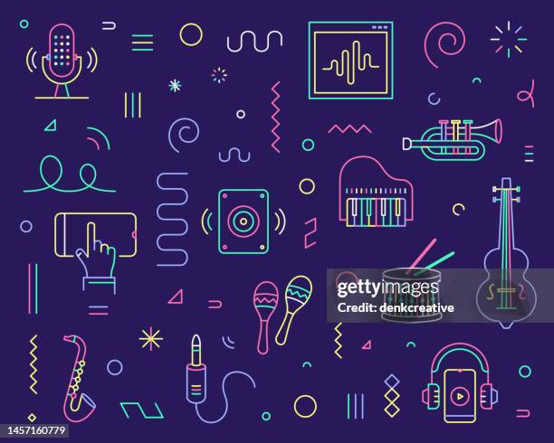 bildbanksillustrationer, clip art samt tecknat material och ikoner med line icon set & pattern for music tracks & sounds - health club