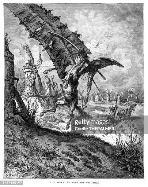 don quijote - das abenteuer mit den windmühlenstichen von gustave dore - 1870 - don quixote stock-grafiken, -clipart, -cartoons und -symbole