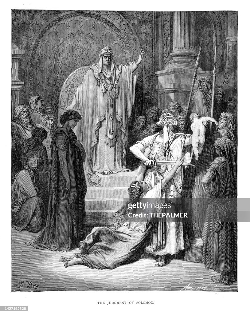 The Judgement of Solomon engraving by Gustave Dore - 1870