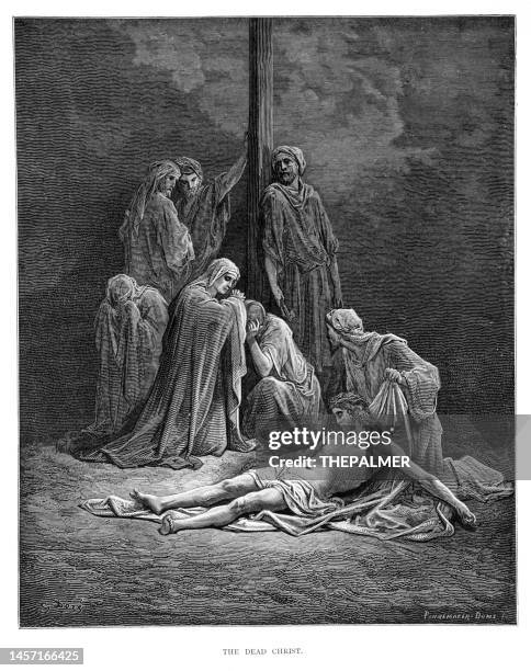 the dead christ engraving by gustave dore - 1870 - gustave dore stock illustrations