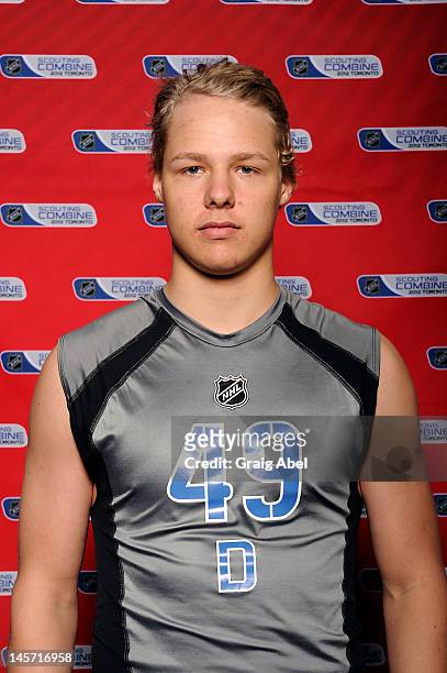 Hampus Lindholm poses for a portrait prior to testing at the NHL Combine June 2, 2012 at the International Centre in Toronto, Ontario, Canada.