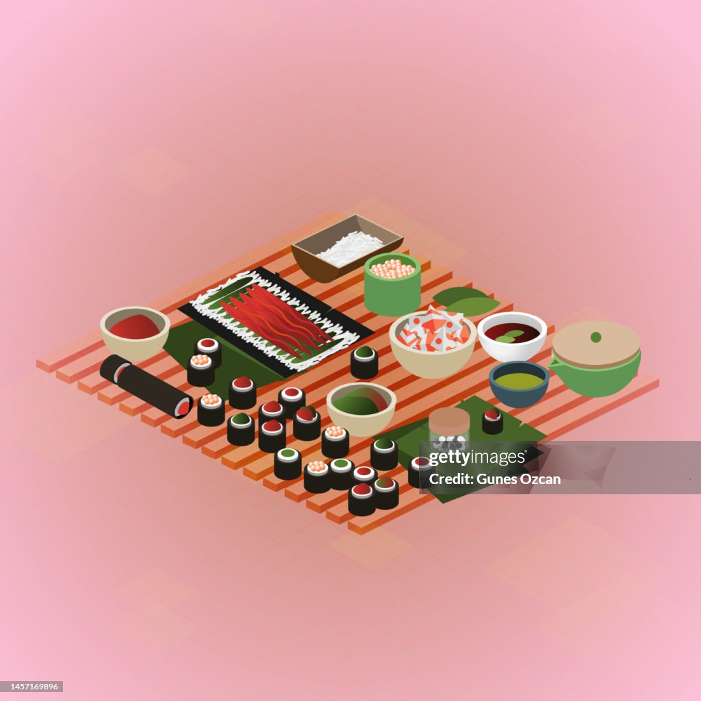 3D Isometric Vector Icon Set Illustration, Regional Food, Japanese Cuisine, Three Dimensional, Sushi Restaurant, Seafood