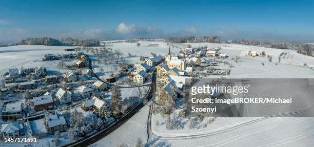 village panorama with snow, aerial view, kilchberg, baselland, switzerland - canton de bâle campagne photos et images de collection